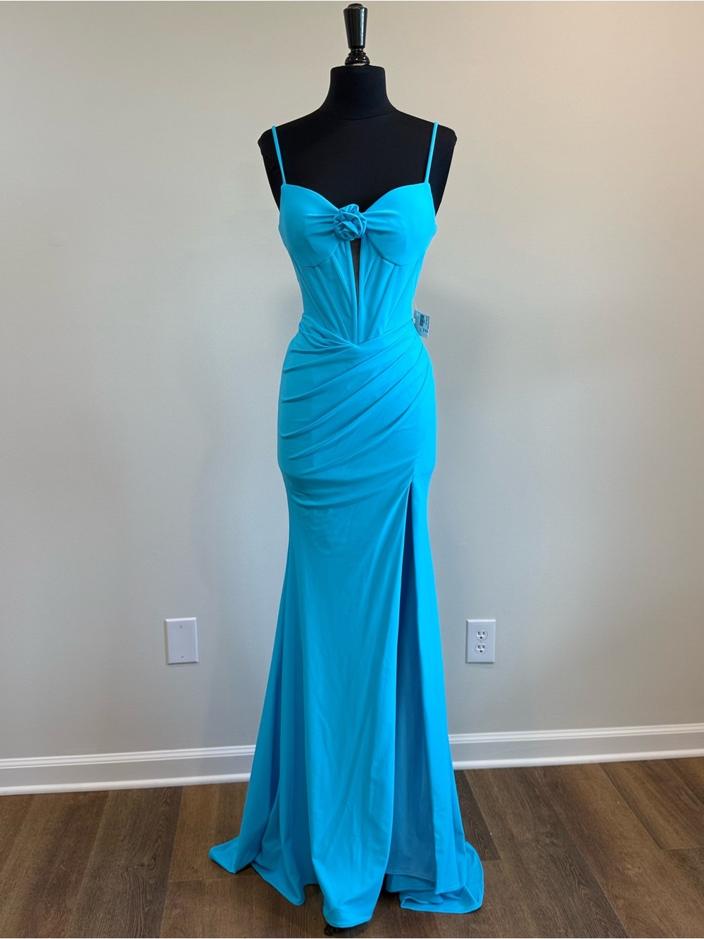 Jovani Turquoise Spaghetti-Strap Evening Gown with Front Slit